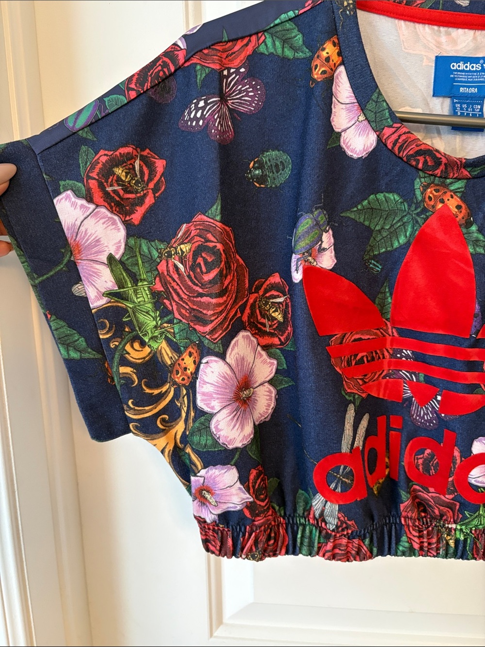 RARE Adidas Navy Floral top with Red velvet accent. Back is satin! So unique! - Picture 2 of 6